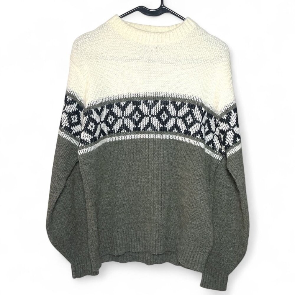 Vintage Pine State Nordic Fair Isle Knit Sweater Unisex L – Cream/Grey